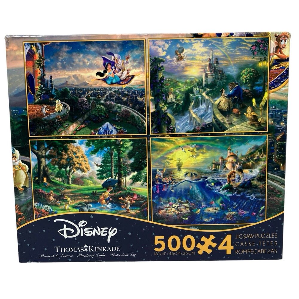 Ceaco Disney 4x500 Piece Puzzle Set Thomas Kinkade Aladdin Little Mermaid Belle